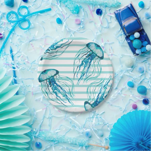 Aqua Aquamarin Stripes Wasserfarbene Quallen Pappteller (Party)