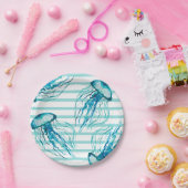 Aqua Aquamarin Stripes Wasserfarbene Quallen Pappteller (Party)
