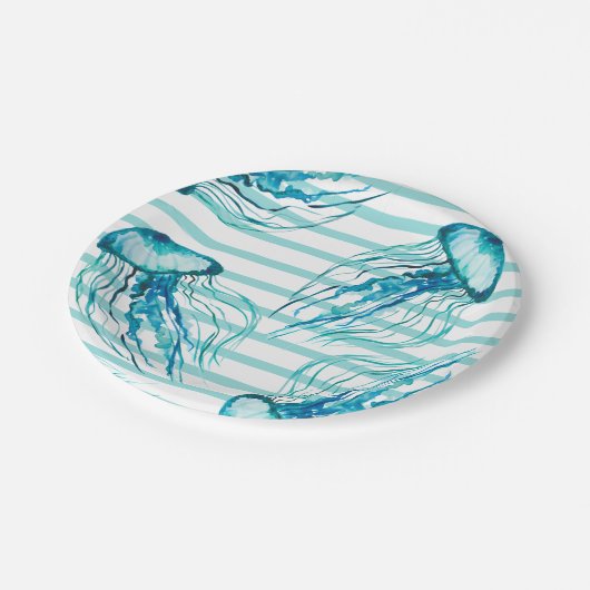 Aqua Aquamarin Stripes Wasserfarbene Quallen Pappteller (Schrägansicht)