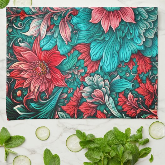 Aqua, Aquamarin, Türkis und Graues Blumenmuster Geschirrtuch (Gefaltet)