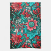 Aqua, Aquamarin, Türkis und Graues Blumenmuster Geschirrtuch (Vertikal)