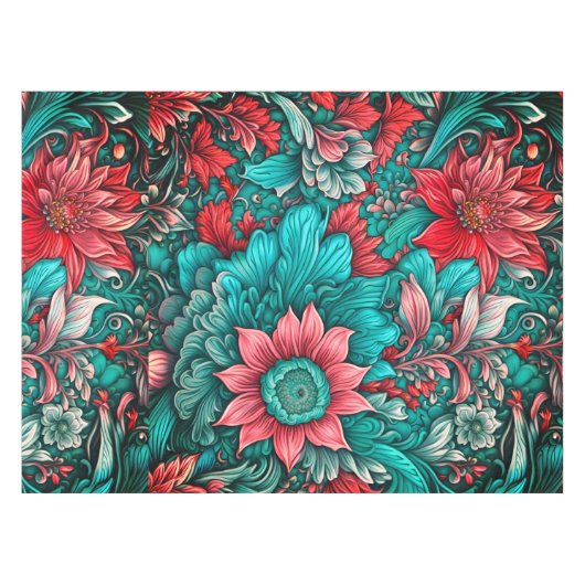 Aqua, Aquamarin, Türkis und Graues Blumenmuster Tischdecke (Vorderseite (Horizontal))