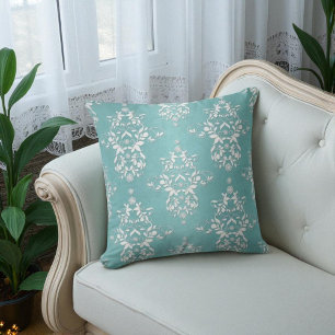 Aqua Aquamarin Türkis und Weißer Damast Kissen