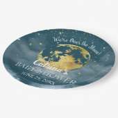 Aqua Aquamarin über Mond und Sternen Babydusche Pappteller (Schrägansicht)