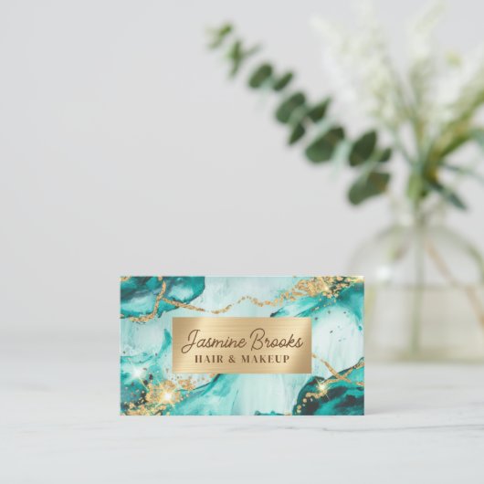 Aqua Aquamarin und Gold Moderner Glitzer Visitenkarte (Stehend Vorderseite)