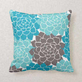 Aqua aquamarin und Graphitgraue Blumen-Collage Kissen