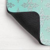 Aqua Aquamarin und Silvery White Damask Muster Mousepad (Ecke)