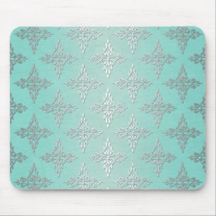 Aqua Aquamarin und Silvery White Damask Muster Mousepad