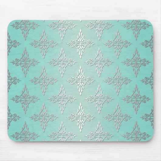 Aqua Aquamarin und Silvery White Damask Muster Mousepad (Vorne)