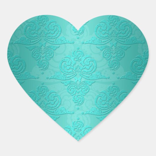 Aqua Aquamarin Vintag Grunge Damask Muster Herz-Aufkleber (Vorderseite)