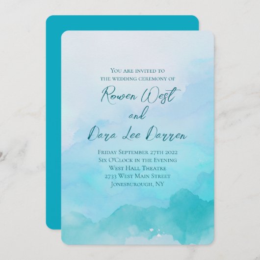 Aqua Aquamarin Watercolor Ombre Malerei Hochzeit Einladung (Vorne/Hinten)