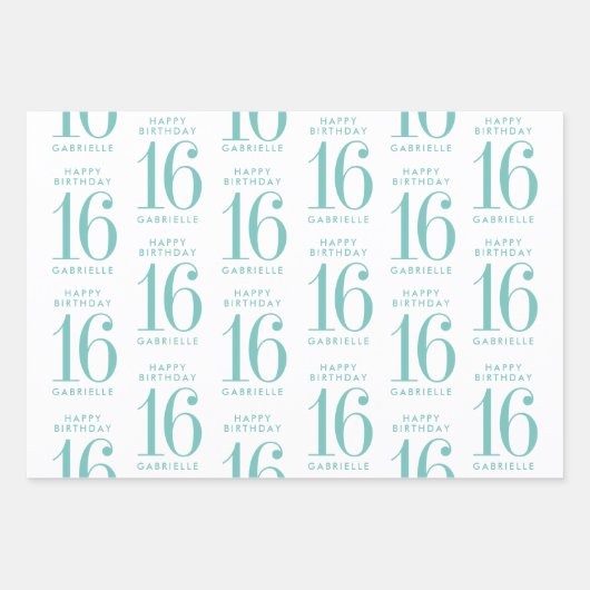 Aqua Aquamariner Glitzer Sweet 16 Personalisiert T Geschenkpapier Set (Vorderseite)