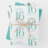 Aqua Aquamariner Glitzer Sweet 16 Personalisiert T Geschenkpapier Set (Beispiel)