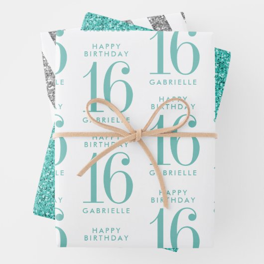 Aqua Aquamariner Glitzer Sweet 16 Personalisiert T Geschenkpapier Set (Beispiel)