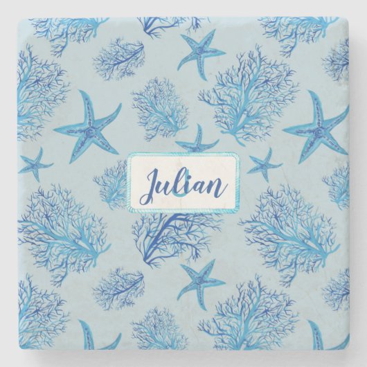 Aqua-aquamariner Name des Seesterns Steinuntersetzer (Vorderseite)