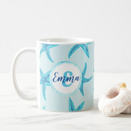 Aqua-aquamariner Seesterne-Aquarellmonogramm Kaffeetasse