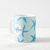 Aqua-aquamariner Seesterne-Aquarellmonogramm Kaffeetasse (Vorderseite Links)