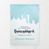 Aqua Arabian Nights Wasserfarbe Quinceñera Tri-Fol Dreifach Gefaltete Einladung (Cover)