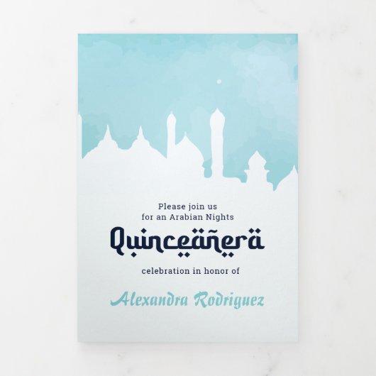 Aqua Arabian Nights Wasserfarbe Quinceñera Tri-Fol Dreifach Gefaltete Einladung (Cover)