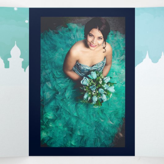 Aqua Arabian Nights Wasserfarbe Quinceñera Tri-Fol Dreifach Gefaltete Einladung (Innenseite Mitte)