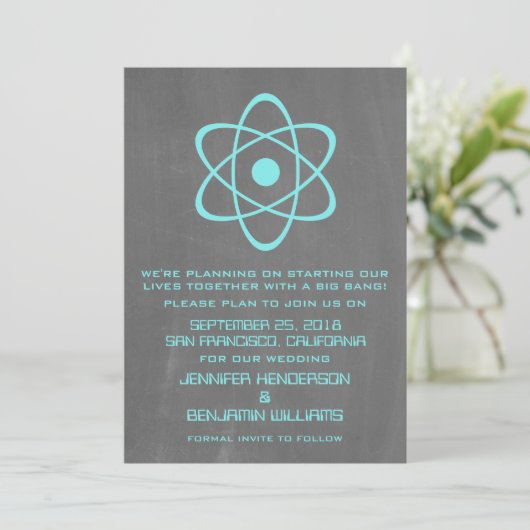 Aqua Atomic Chalkboard Save the Date einladen (Stehend Vorderseite)