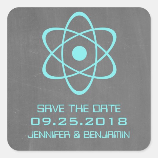 Aqua Atomic Chalkboard Save the Date Stickers (Vorderseite)