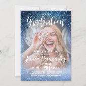 Aqua Baby Blue Triple Glitzer Foto Abschluss Einladung (Vorderseite)