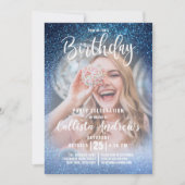 Aqua Baby Blue Triple Glitzer Ombre Foto Geburtsta Einladung (Vorderseite)