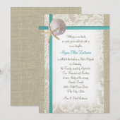 Aqua Beach Burlap und Lace Bat Mitzvah Einladung (Vorne/Hinten)