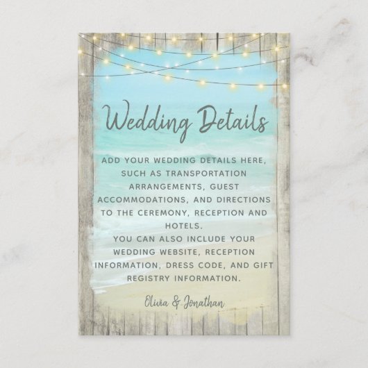 Aqua Beach String Lights Rustikale Hochzeitdetails Begleitkarte (Vorderseite)