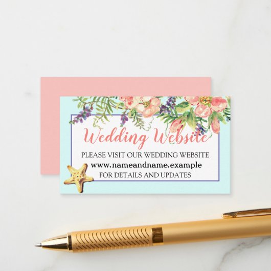 Aqua Beach Wedding Floral Seashells Pearl Website Begleitkarte (Vorderseite/Rückseite Beispiel)