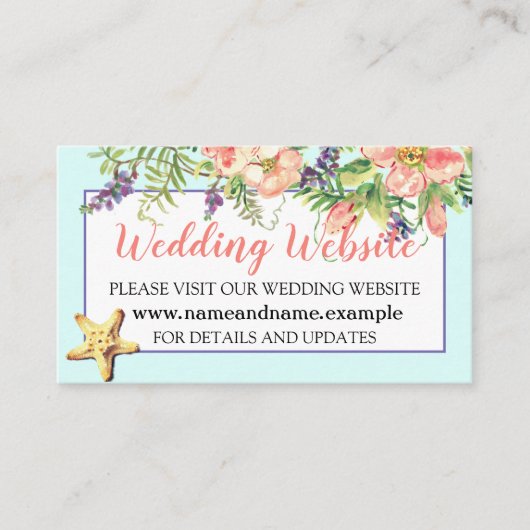 Aqua Beach Wedding Floral Seashells Pearl Website Begleitkarte (Vorderseite)