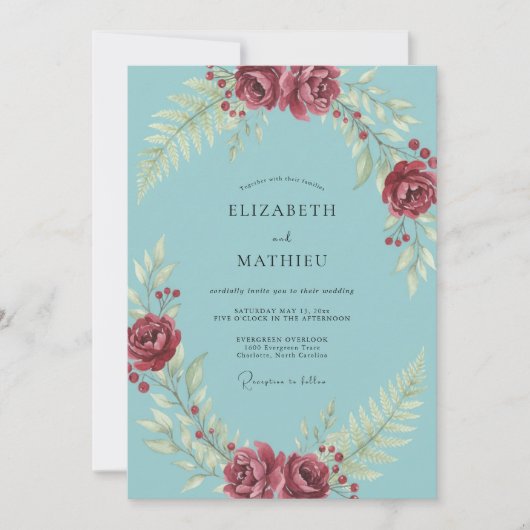 Aqua-Beeren-Hochzeit mit Blättern Einladung (Vorderseite)
