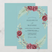 Aqua-Beeren-Hochzeit mit Blättern Einladung (Vorne/Hinten)