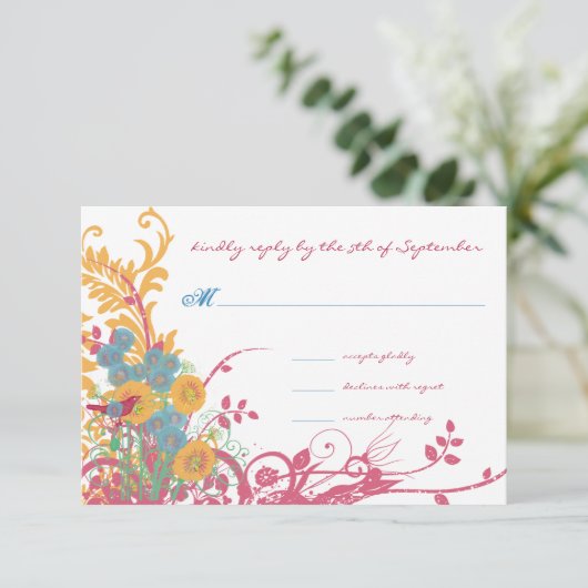 Aqua Beeswax Raspberry Wild Blume Bird Wedding Einladung (Stehend Vorderseite)