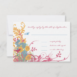 Aqua Beeswax Raspberry Wild Blume Bird Wedding RSVP Karte
