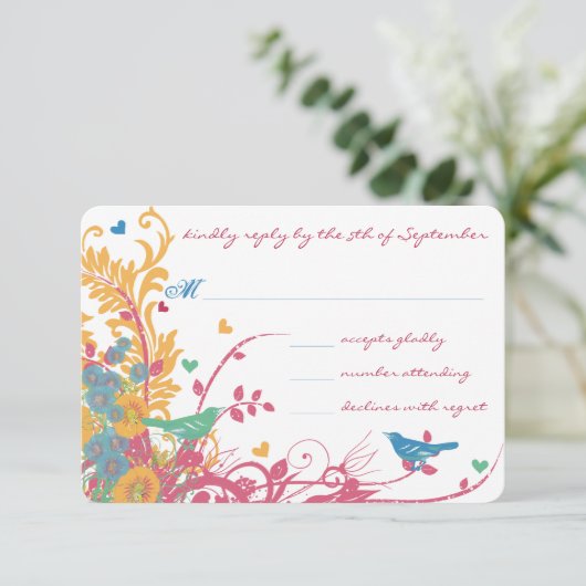 Aqua Beeswax Raspberry Wild Blume Bird Wedding RSVP Karte (Stehend Vorderseite)