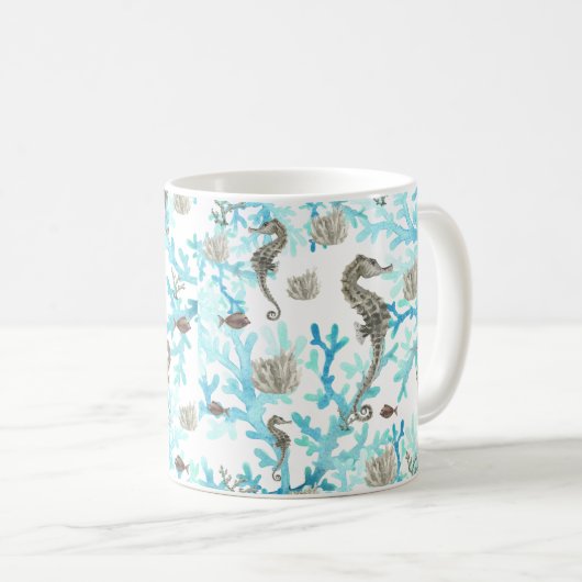 Aqua Beige Seepferd Ocean Meereswelt Kaffeetasse (VorderseiteRechts)