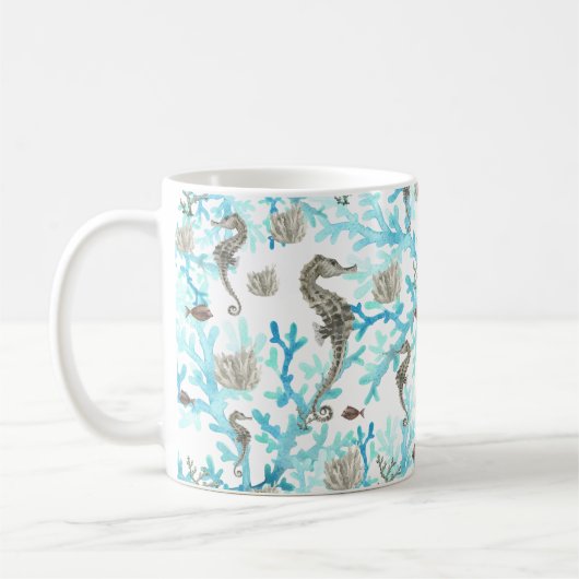 Aqua Beige Seepferd Ocean Meereswelt Kaffeetasse (Links)