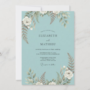 Aqua Bemalte Hochzeit mit Farnen Einladung
