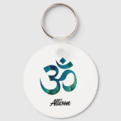 Aqua Bird Feathers Muster Om Symbol 2 in Aluminium Schlüsselanhänger (Vorderseite)