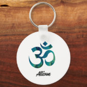 Aqua Bird Feathers Muster Om Symbol 2 in Aluminium Schlüsselanhänger (Vorderseite)