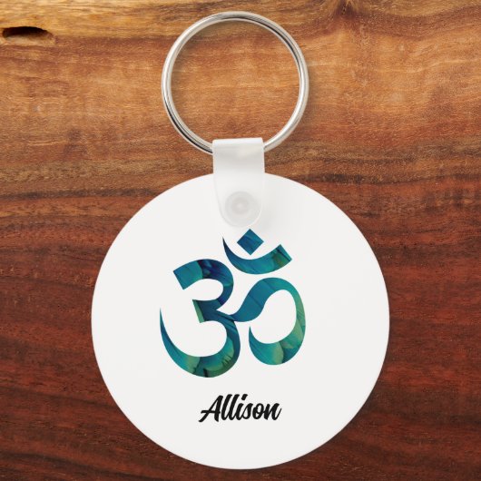 Aqua Bird Feathers Muster Om Symbol 2 in Aluminium Schlüsselanhänger (Vorderseite)