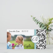 Aqua & Black Damask Save the Date Ihr Foto (Stehend Vorderseite)