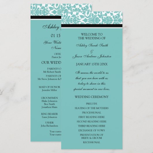 Aqua Black Damask Wedding Program Programm (Vorne/Hinten)