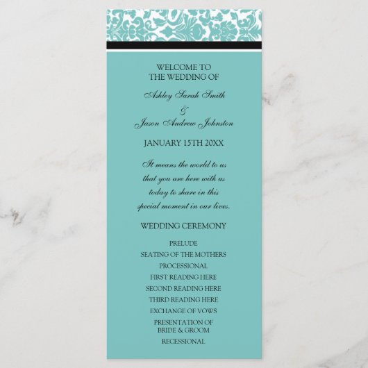 Aqua Black Damask Wedding Program Programm (Vorderseite)