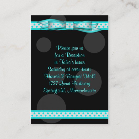 Aqua Black Dot Ribbon Bat Mitzvah Empfang Card Begleitkarte (Vorderseite)