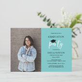 Aqua Black Foto Graduation Party Einladung (Stehend Vorderseite)