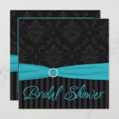 Aqua Black Gray Damask Stripe Brautparty laden Einladung (Vorne/Hinten)
