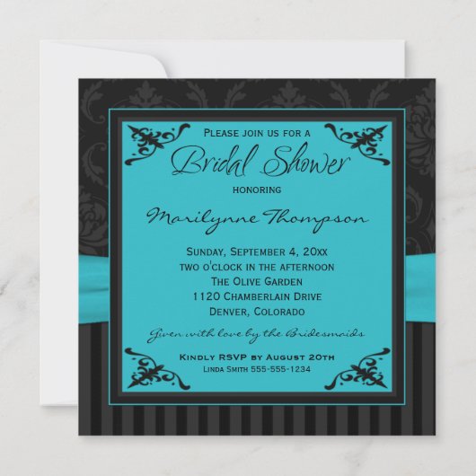 Aqua Black Gray Damask Stripe Brautparty laden Einladung (Rückseite)